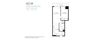 A floor plan for a one bedroom apartment at 755-789 SF.