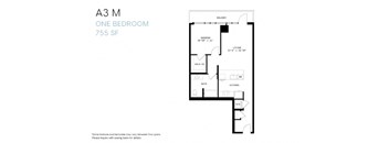 A black and white image of a one bedroom apartment floor plan.