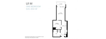 A floor plan of a one bedroom apartment ranging from 626 to 650 square feet.