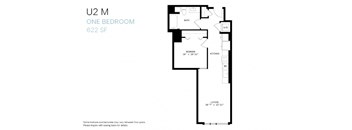 A floor plan of a one bedroom apartment sized 622 square feet.