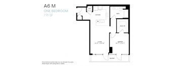 A6M one bedroom floor plan with kitchen and living room.
