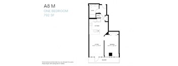 A floor plan of a one bedroom apartment sized 792 square feet.