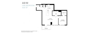 A floor plan for a one bedroom apartment at 936 SF.