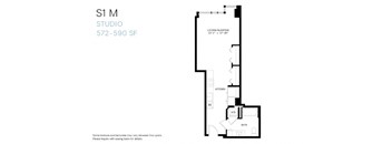 A floor plan for a studio apartment at 572-590 SF.