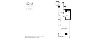 A floor plan of a studio apartment with a kitchen, bathroom, and living/sleeping area.