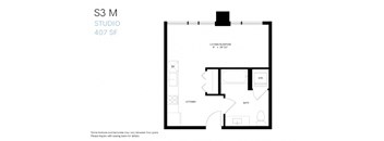 A black and white image of a studio apartment floor plan.