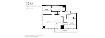 A floor plan of a two bedroom apartment sized 1,257 square feet.