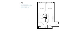 A one bedroom apartment with a bathroom, kitchen, and walk-in closet.
