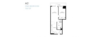 A floor plan of a one bedroom apartment sized 789 square feet.