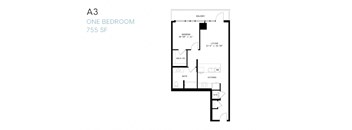 A black and white image of a one bedroom apartment floor plan.