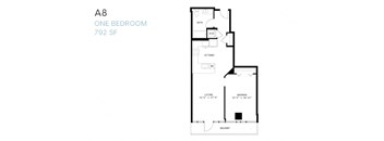A floor plan of a one bedroom apartment sized 792 square feet.