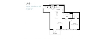 A black and white image of a one bedroom apartment layout.