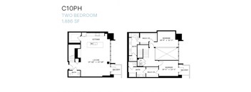 A floor plan of a two bedroom apartment with a living room, kitchen, and two bathrooms.