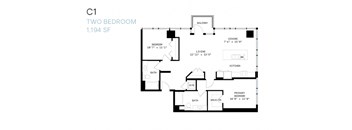 A black and white image of a two bedroom apartment floor plan.