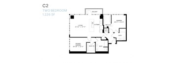 A black and white image of a two bedroom apartment floor plan.
