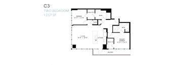 A black and white image of a two bedroom apartment floor plan.
