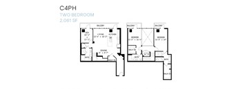 A black and white image of a two bedroom apartment floor plan.