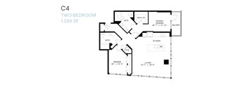 A floor plan of a two bedroom apartment with a living area, kitchen, and bathroom.