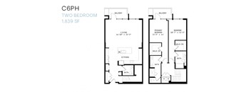 A floor plan of a two bedroom apartment with a living room, kitchen, and bathroom.