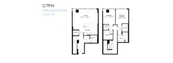 A floor plan of a two bedroom apartment sized 1725 square feet.