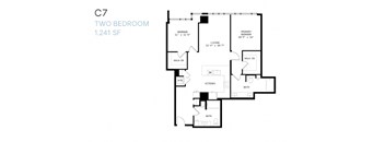 A black and white image of a two bedroom apartment floor plan.