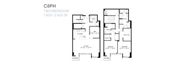 A floor plan of a two bedroom apartment at 1900-2403 SF.