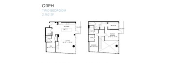 A floor plan for a two bedroom apartment sized 2,182 square feet.