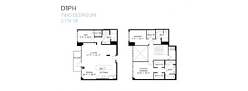A diagram of a two bedroom apartment, labeled D1PH, with dimensions and a floor plan.