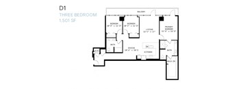 A black and white image of a three bedroom apartment floor plan.