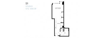 A floor plan of a studio apartment with a living/sleeping area, kitchen, and bathroom.