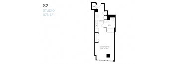 A floor plan of a studio apartment with a living/sleeping area, kitchen, and bathroom.