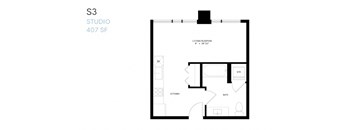 A black and white image of a studio apartment floor plan.