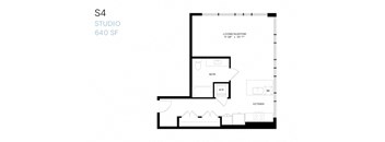 A floor plan of a studio apartment with a living/sleeping area, kitchen, and bathroom.