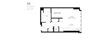 A floor plan of a studio apartment with a sleeping area, living room, kitchen, and bathroom.