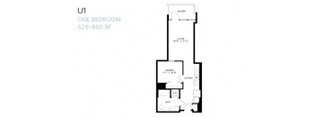 A floor plan of a one bedroom apartment at 626-650 SF.