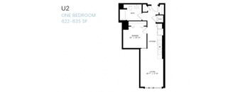 A floor plan of a one bedroom apartment at 622-635 SF.