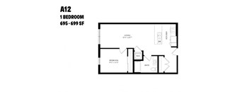 A black and white image of a floor plan for a one bedroom apartment.