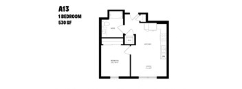 A black and white image of a floor plan for a 1 bedroom apartment.