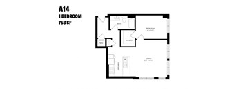 A black and white image of a floor plan for a 1 bedroom apartment.