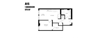 A 1 bedroom apartment sized 575 square feet with living, kitchen, bath, walk-in closet and bedroom.
