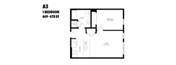 A black and white image of a floor plan for a one bedroom apartment.