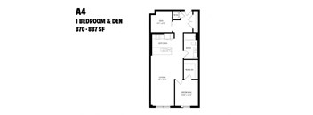 A floor plan of a one bedroom apartment with dimensions.