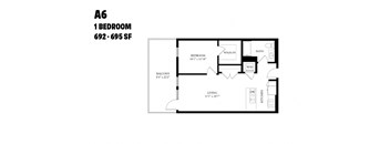 A drawing of a one bedroom apartment with a living room, kitchen and bathroom.