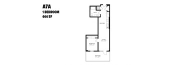 A floor plan of a one bedroom apartment with 666 square feet.