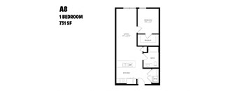 A floor plan of a one bedroom apartment.
