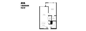 A floor plan of a one bedroom apartment sized at 764 square feet.
