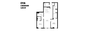 A floor plan of a 2 bedroom apartment sized 1,104 square feet.