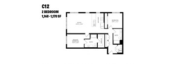A black and white image of a floor plan for a 2 bedroom apartment.