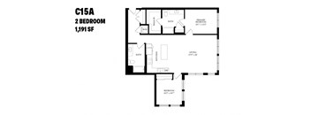 A floor plan of a 2 bedroom apartment sized 1,191 square feet.