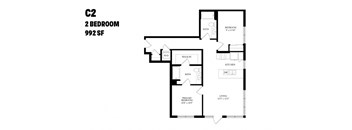 A floor plan of a 2 bedroom apartment sized 992 square feet.